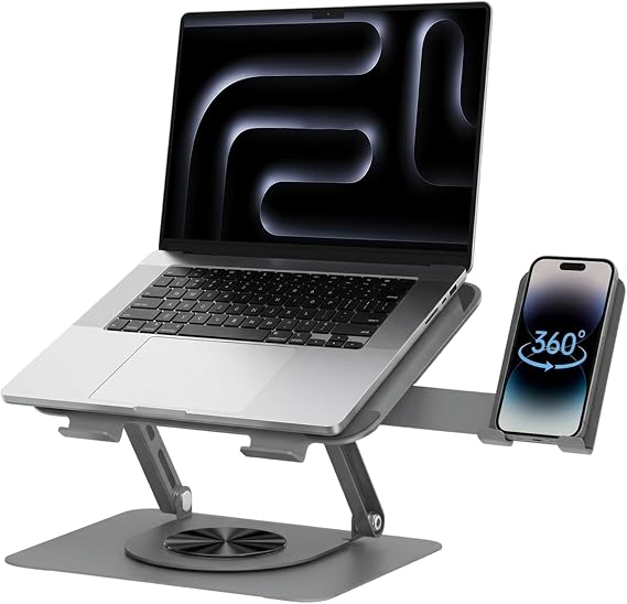 Coverzone 360 Derece Döner Laptop Standı Telefon Tutuculu, Ayarlanabilir Katlanabilir Notebook Yükseltici, 10-15.6 İnç Laptop ile Uyumlu Masaüstü Alüminyum Stand | L189-C