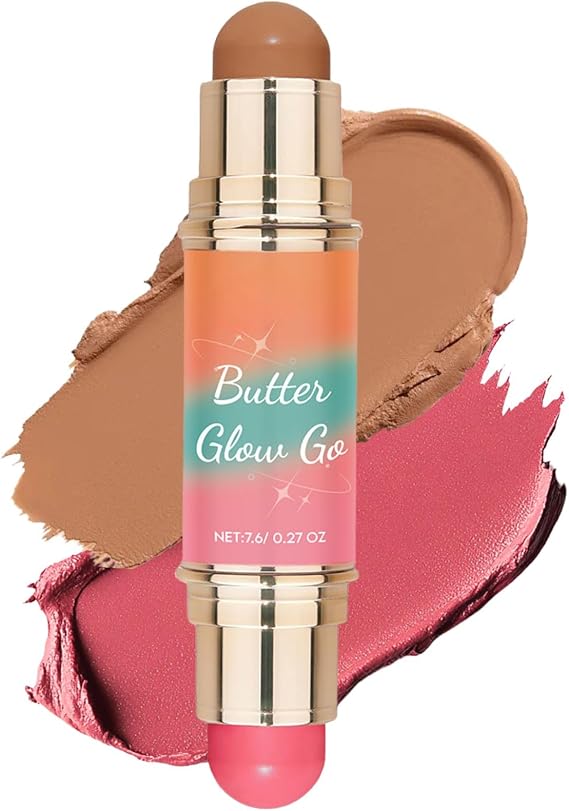 Multi-Purpose Blush Stick Dual-Ended,Butter Glow Contour Stick Wand Creamy Blendable Makeup for Face, Lightweight Formula Soft Matte Finish Nourishing Blush and Bronzer Combo
