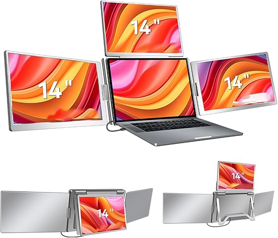 Docooler 14in Laptop Screen Extender 1200P FHD 16:10 Portable Quad Monitor 1 Cable for 3 Screens Folding Monitor Extender for 12-17.3in Laptops