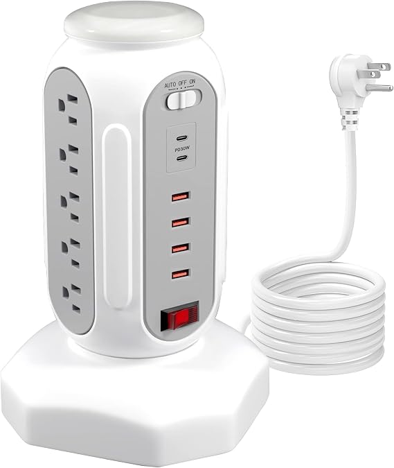 Power Strip Tower 15 Outlets 6 USB Ports, Surge Protector with Colorful Led-Light & PD 30W USB-C Fast Charger, Desktop Charging Station with 6.5ft Heavy Duty (White)