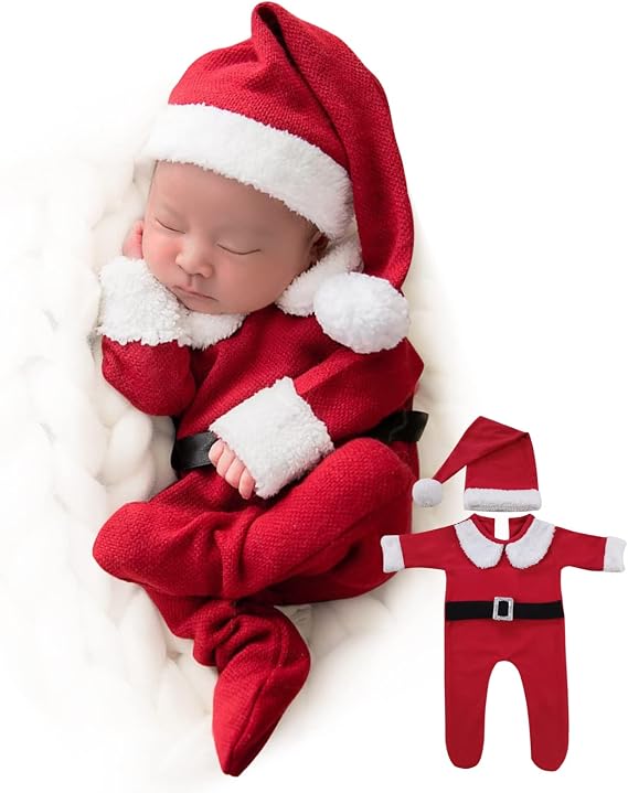 ForBaysy Newborn Baby Christmas Photo Props Outfit Infant Boys Girl Photoshoot Costume Red jumpsuit With Xmas Hat