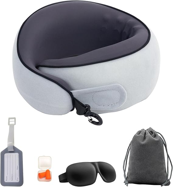 Memory Foam Travel Neck Pillow - Ergonomic 360 Support for Airplanes, Cars & Office - Compact Foldable Design with Cooling Ice Silk Cover & Adjustable Hook (Light Gray)