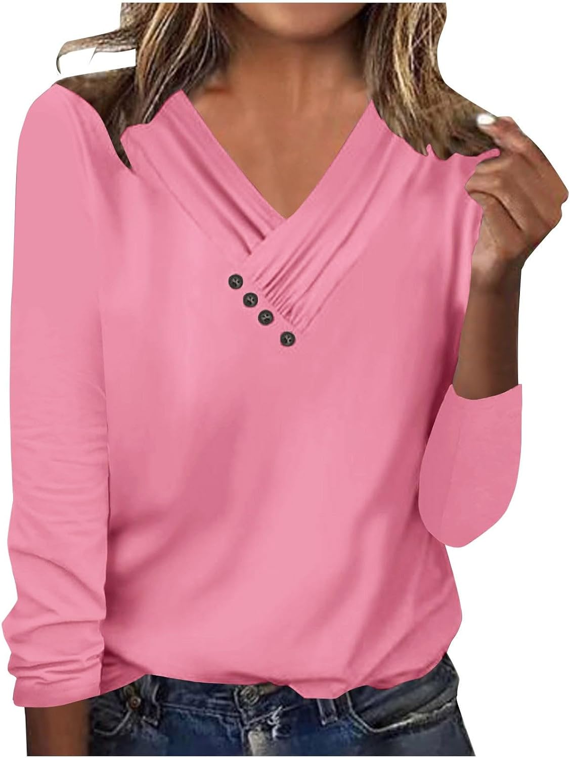 Womens Long Sleeve Tops 2025 Spring Summer Casual V-Neck Button Tee Shirt Blouses Dressy Wear Fashion Business Tunic