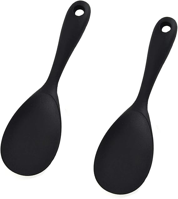 Silicone Rice Paddle Spoon Set of 2,Non Stick Heat Resistant Kitchen Gadge Rice Spoon,Rice Scooper,Rice Spatula,Rice Spoon Paddle,Rice Cooker Spoon,Works for Rice,Mashed Potato Or More (Black)