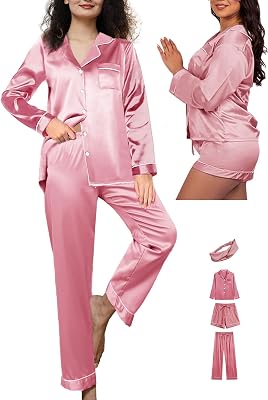 Womens 4Pcs Satin Pajamas Set Silk Pajama Sets Silky Sleepwear Long Pj Set Loungewear Soft Pjs Nightwear XS-XXL