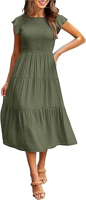 Womens Summer Casual Midi Dress Dressy Smocked Elastic Waist Tiered A-Line Dress Round Neck Short Sleeve Midi Dress