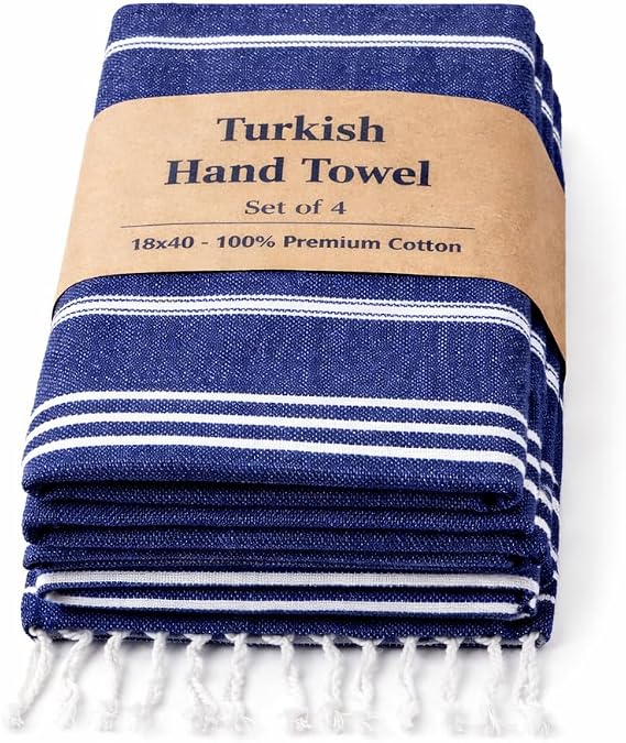 Clotho 4 Pack Navy Blue Turkish Hand Towels for Bathroom | 100% Cotton 18 x 40 Inches | Decorative Kitchen Towels Set| White Striped Machine Washable Lightweight | Perfect Use for Face & Hair