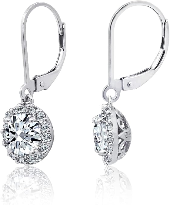 Amazon Essentials Sterling Silver Platinum Plated Cubic Zirconia Halo Leverback Drop Earrings