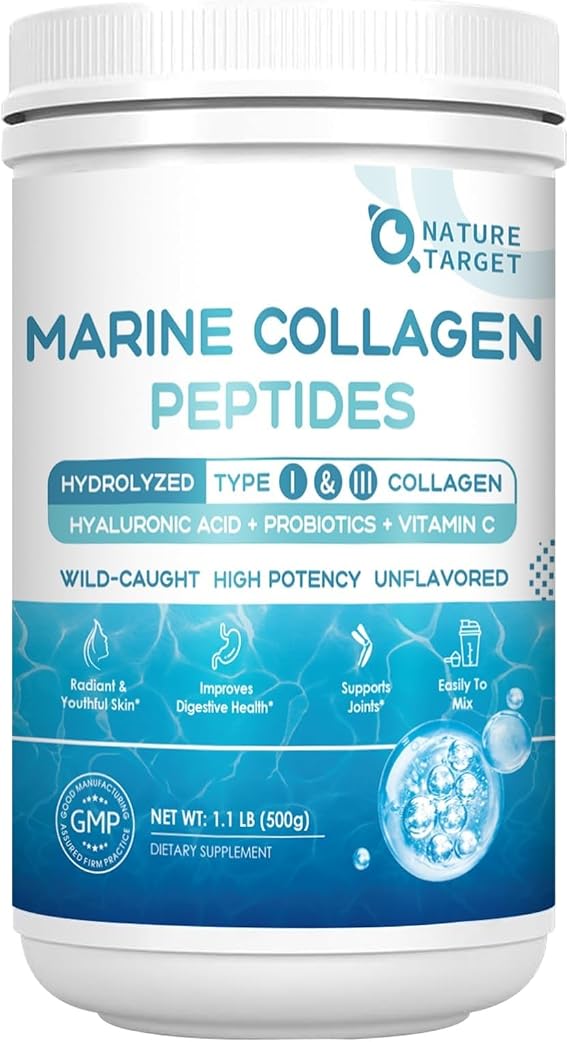 NATURE TARGET Marine Collagen Powder for Women, 50 Servings | With Hyaluronic Acid and Vitamin C for Hair, Skin, Nails, and Joints, Wild-Caught Fish and Grass-Fed Bovine