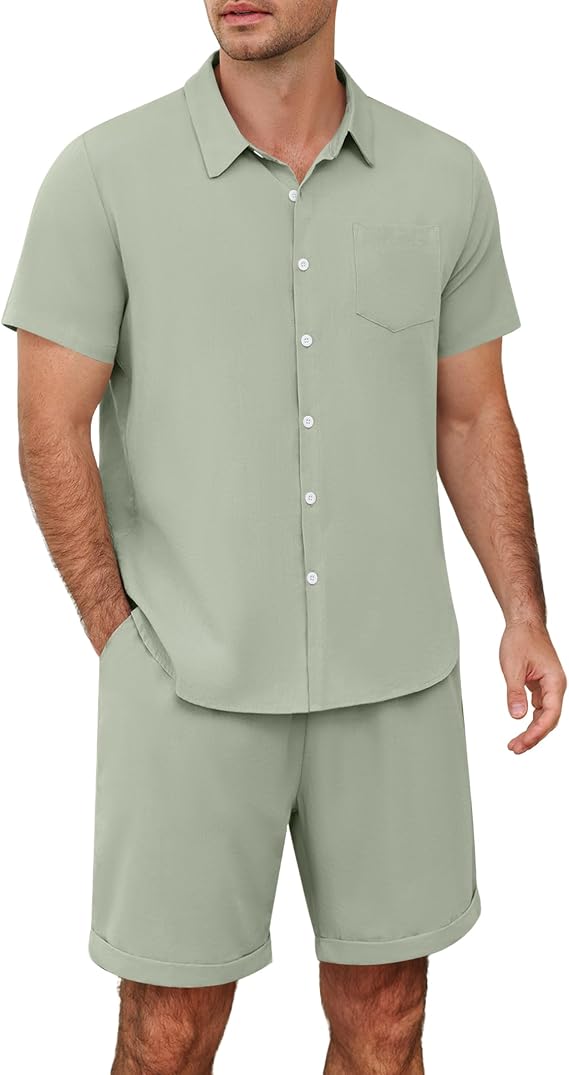 Marvmys Men's 2 Pieces Linen Set Summer Short Sleeve Button Down Shirts and Shorts Set Casual Outfits