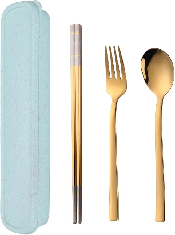 Travel Utensils, 18/8 Stainless Steel 4pcs Cutlery Set Portable Camp Reusable Flatware Silverware, Include Fork Spoon Chopsticks with Wheat Case (Gold)