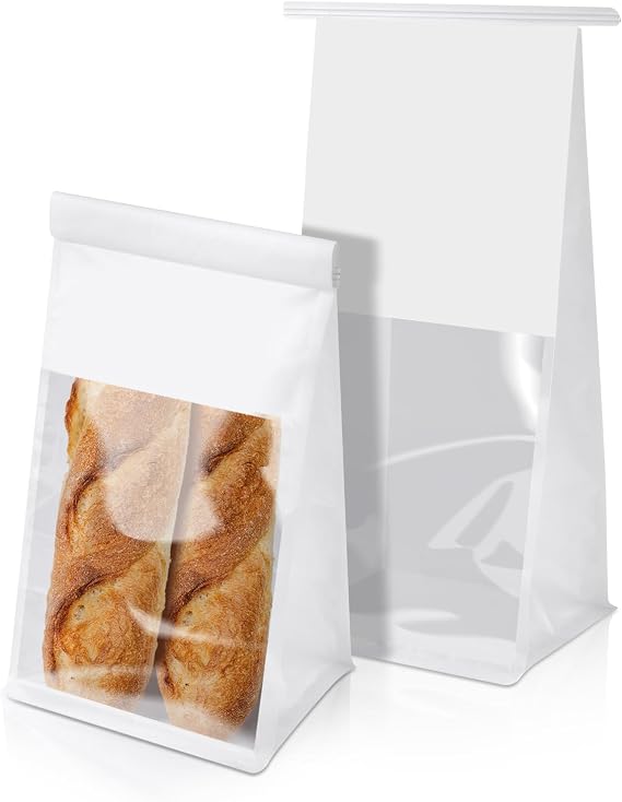 Bakery Bags with Window 5.1x3.9x11 Inches Paper Bread Bags 30 Pack Cookie Packaging Coffee Bean Bags with Tin Tie Tab Lock for Gift Giving