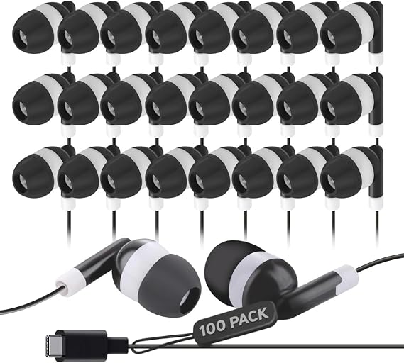 100 Pack USB C Headphones for iPhone 17/16/15 Pro Max, Type C Wired Earbuds with Noise Isolation, USB-C Earphones for iPad, Galaxy S23/S22/S21, Chromebook, MacBook, Android Tablet
