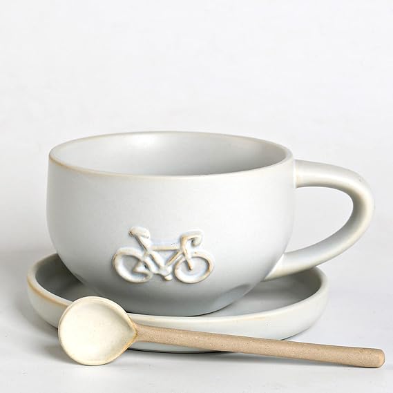 Mug Coffee Cup Funny Mugs Coffee Mug Bicycle Relief Retro Ceramic Handmade Large-Capacity Latte Pull Flower Coffee Cup Breakfast Bisque Dessert Cups Oat Housewarming Cups,320Ml White