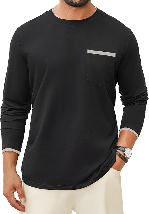 Hardaddy Men's Color Block Pullover Crew Neck Long Sleeve Tee Shirts with Pocket