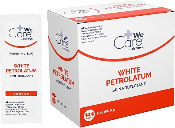 Dynarex White Petrolatum, Jelly for Dry or Cracked Skin, Soothing for Minor Skin Irritations, 5g Foil Packets, 1 Box of 144