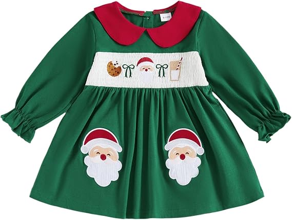 Cute Baby Girls Santa Christmas Dress Long Sleeve A Line Ruffles Embroidery Toddler Girl Xmas Outfit