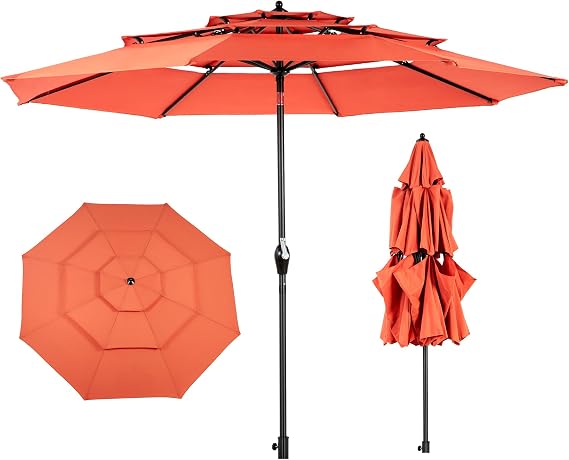 HOMEFUN 10FT Patio Umbrella 3-Tier Market Umbrella with 8 Sturdy Ribs Crank & Tilt Mechanism Waterproof UV-Resistant Fabric Aluminum Pole Outdoor Garden Umbrella (Base Not Included)