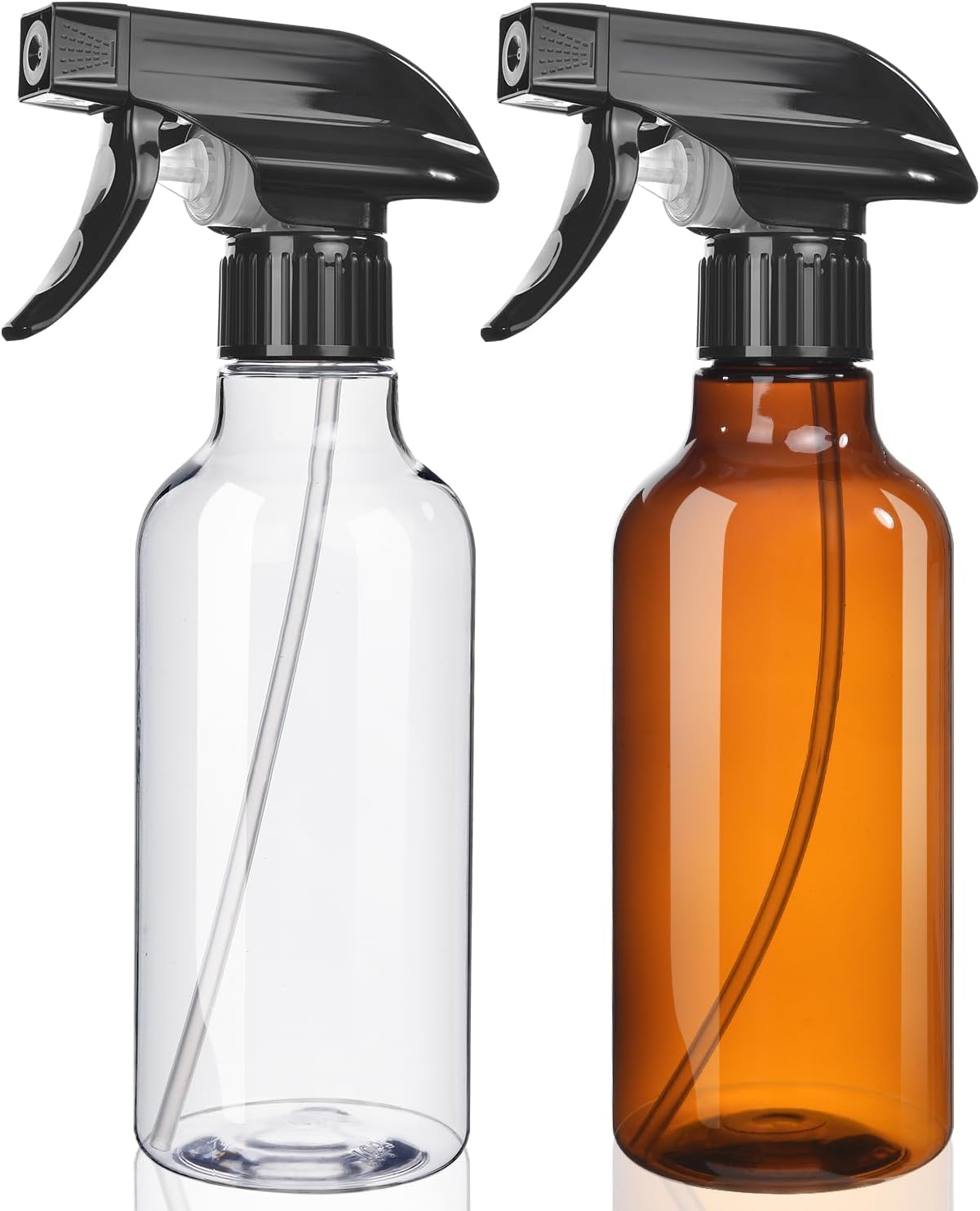 Spray Bottles 2-Pack, 10 Oz, Mist & Stream, Heavy Duty Spraying Empty Water Sprayer Bottle, BPA Free Plastic Refillable Containers for Cleaning Solutions, Plants, Hair, Essential Oils Clear & Amber