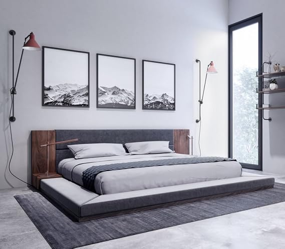 Limari Home Cimarron Collection Modern Fabric Upholstered Walnut Veneer Finished Platform Bed with Built-in Nightstands, Queen, Gray, Brown