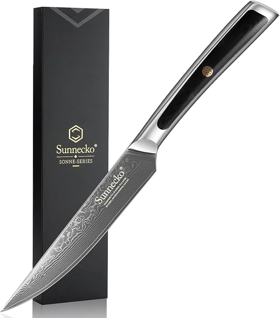 Sunnecko Damascus Steak Knife Non Serrated, Japanese VG10 Stainless Steel Steak Knife, 5 Inch Steak Knives G10 Handle with Gift Box