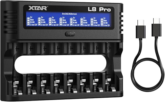 XTAR L8 Pro 8-Bay AA AAA Battery Charger for NiMH & 1.5V Li-ion Rechargeable Batteries, Independent Slot Mixed Charging Station with LCD Display, Refresh Mode for Old Cells, Type-C Powered