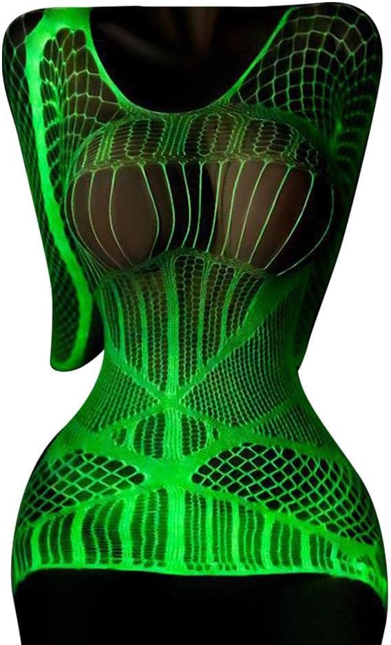 Glow in the Dark Fishnet Stockings, Luminous Sexy Green Fishnets Lingerie Tights High Waist Pantyhose One Piece Bodysuit
