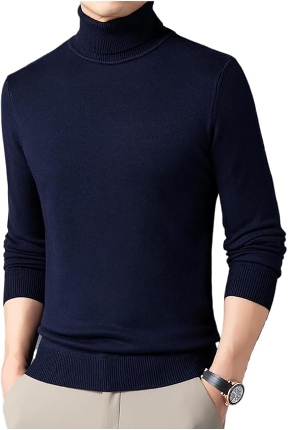 Men's Solid Color Premium Cashmere Sweater, Soft Slim Turtleneck Jumper Winter Chunky Warm Knitted Roll Neck Pullover