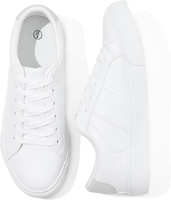 kufeiti White PU Leather Sneakers for Women Low Top Lace Up Tennis Shoes Women's Fashion Casual Shoes Sneakers