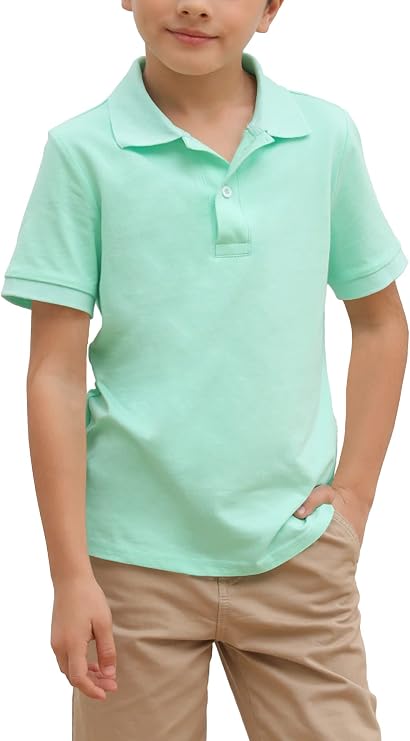 Boys' School Uniform Short Sleeve Polo Shirt, Button Closure, Moisture Wicking Stretch Sport Shirts for Kids and Teens Mint Green