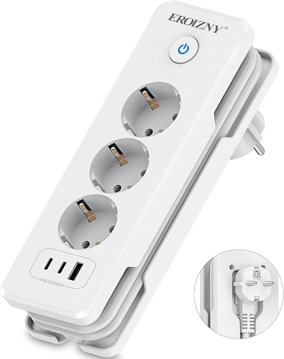 Power Strip 2 USB C (PD 20 W) and 1 USB A 3 Way Multiple Socket