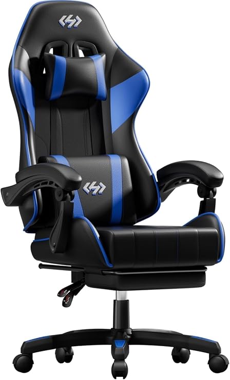HLDIRECT Gaming Chair with Footrest, Lumbar Support & Headrest, Black&Blue