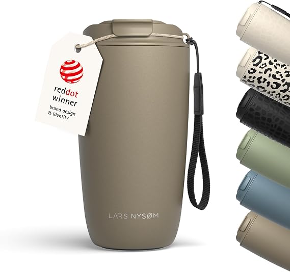 LARS NYSØM Thermal Coffee Mug to Go with Carry Strap 500 ml Travel Mug 0.5 Litres with Insulation Leak-Proof Stainless Steel Thermal Mug for Café and Tea (Taupe Brown 500 ml)