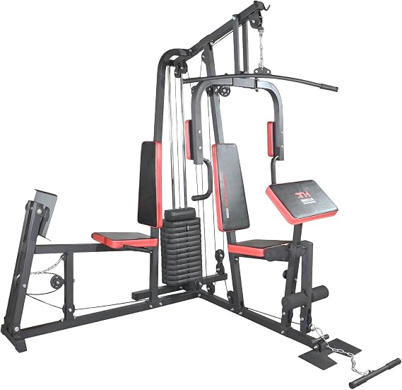Train Hard® Multistation Fitness Station Home Gym 65 kg Weights Including Leg press expandable (optional): Dip station leg lift sit-up bench stepper push up bar punch bag holder speedball platform.