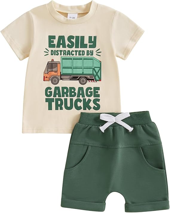 Toddler Baby Boy Garbage Truck Short Sleeve T-Shirt Tops Shorts Set Trash Day Truck Driver Outfit 2Pcs Summer Clothes