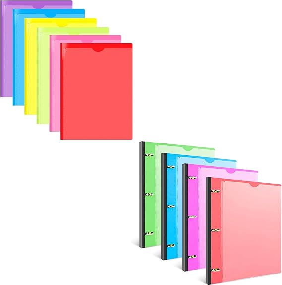 6 PCS Heavy Duty Plastic Pocket Folder with Prongs and Clear Front Pocket + 4 PCS Telescoping 3 Ring Binder