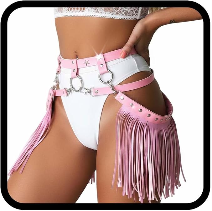 Asooll Punk Leather Waist Chain Tassel Fringe Belly Belt Harness Bikini Rave Body Accessories Jewerly for Women and Girls