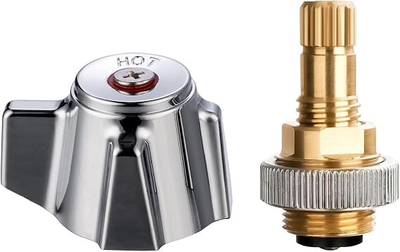 Brass Faucet Stems Valve & Knob Handles Kit, Red for Hot Side | Zn-Alloy Handle with Chrome Finish, Solid Brass Stem, Replacement Part for Commercial Bathroom Hand Sink Workboard Faucet