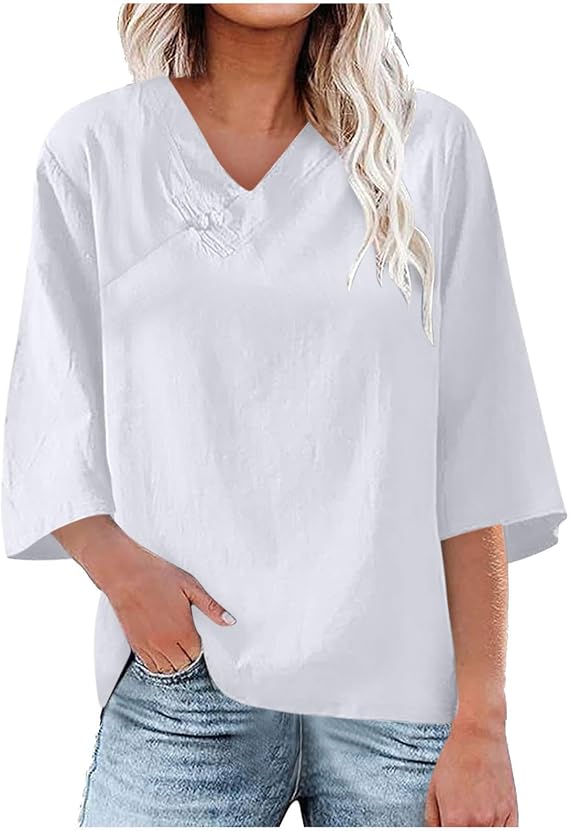 Linen Shirts for Women Simple Vintage Linen Shirt Half Sleeve Loose T Shirts Summer Trendy Clothes Casual Loose Blouse