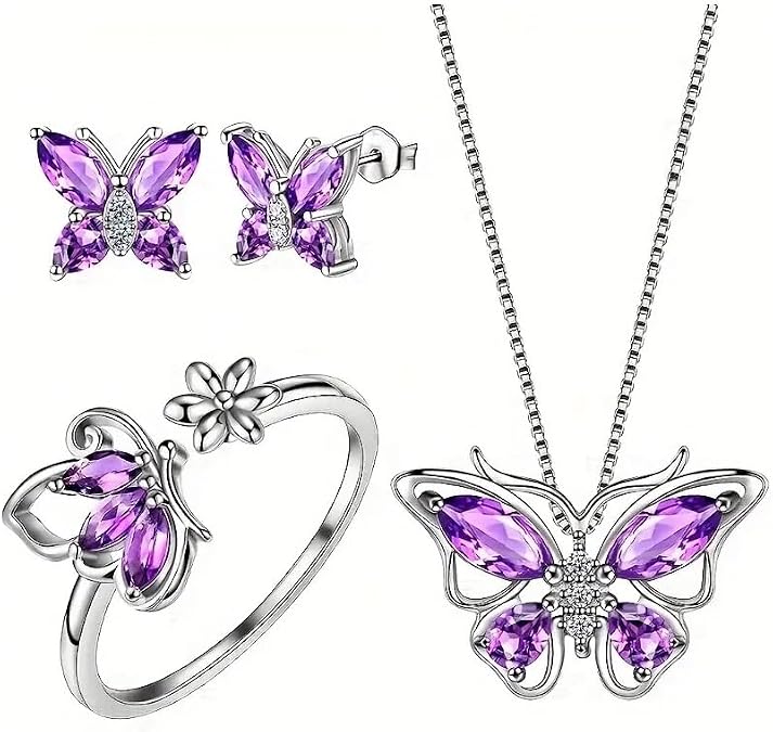 Caiyao Butterfly Crystal Jewelry Set with Butterfly Necklace Stud Earrings Adjustable Ring for Women Dainty Butterfly Jewelry Gifts