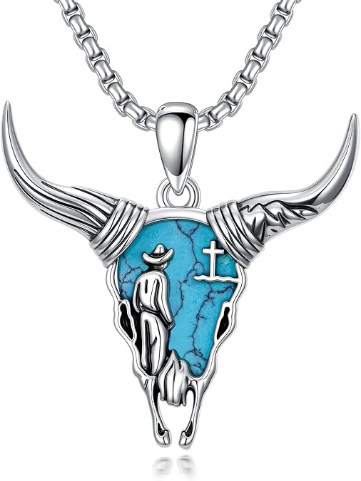 Western Necklace 925 Sterling Silver Turquoise Pendant Highland Cow/Cow Skull/Hat/Boot Cowgirl Cowboy Country Jewelry for Men Women