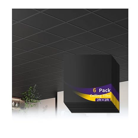 6 PCS 2x2 FT Black Drop Ceiling Tiles, 24 x 24 Inch PVC Smooth Ceiling Panels - Waterproof Fire-Rated to Prevent Breakage Ideal for Bathroom Living Room Bedroom Office Cover 24 Sq.Ft