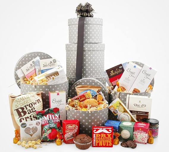 Sweet & Savoury Snacks Giant Gift Tower | Massive 26-Piece Gourmet Food Hamper with Award-Winning Biscuits, Crisps, Tea & Chocolates | 3-Tier Hat Box Set