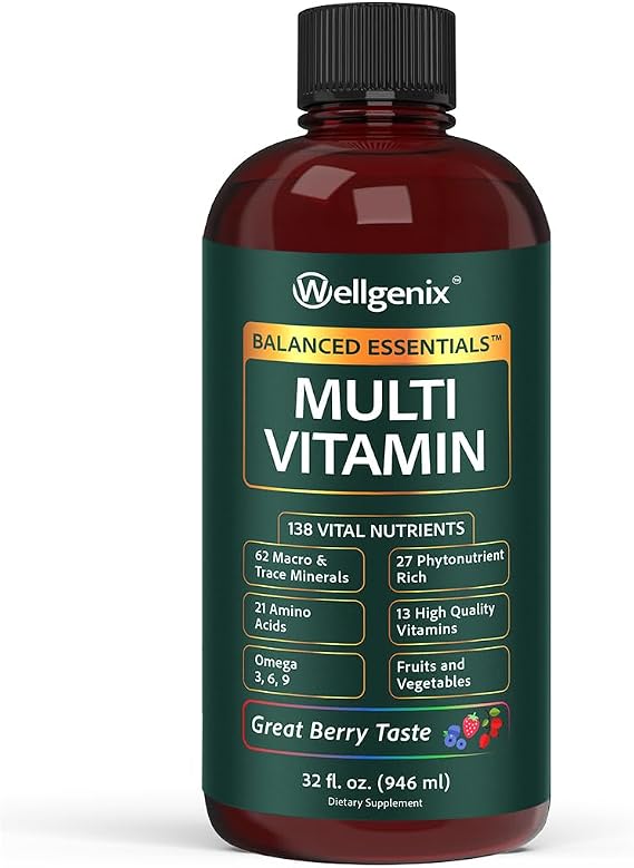 Wellgenix Balanced Essentials Liquid Multivitamin & Minerals, 32 Fl Oz | 138 nutrients per serving in a smooth berry liquid: vitamins, minerals, amino acids, and omega 3-6-9, no pills or gummies
