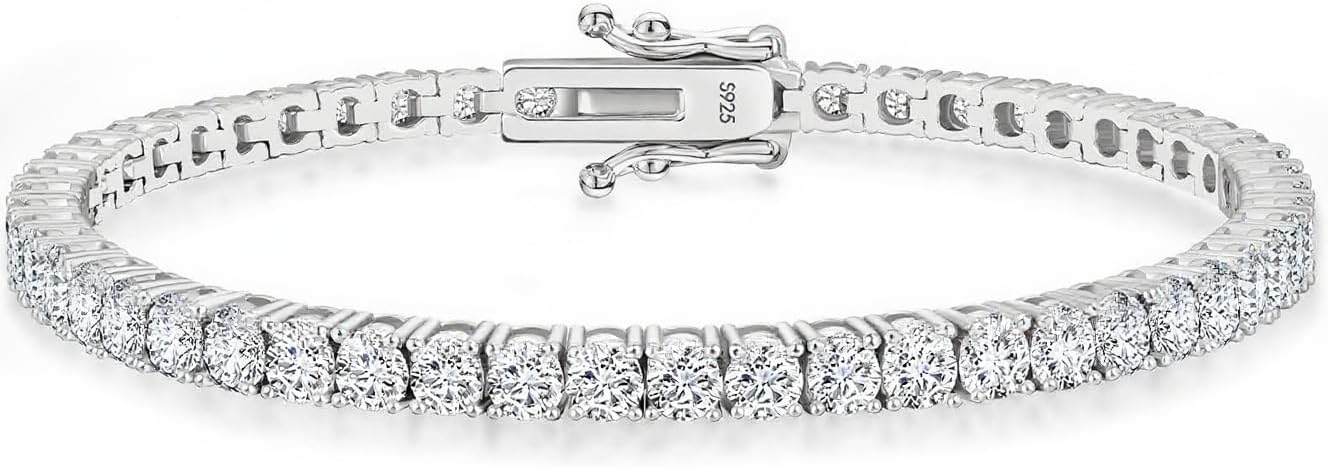 Moissanite Tennis Bracelet for Women Men White/Yellow Gold Plated S925 Sterling Silver D Color VVS1 Round Cut Moissanite Bracelets 2/3/4MM 6-8INCH with Certificate Ideal Anniversary/Valentine/Birthday/Mother/Girl Friend's Gift