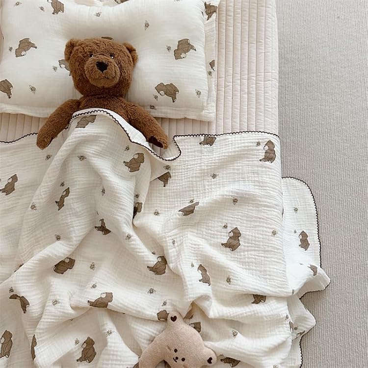 BuLuTu Muslin Cotton Baby Blanket 47x 51  Toddler Pillowcase 14x 20, Bee Bear Print Toddler Bedding Set