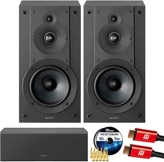 Sony SS-CS5M2 3-Way 3-Driver Hi-res Bookshelf Speakers (Pair) 2025 Bundle with 2-Way 3-Driver Center Channel Speaker, Deco Essentials 100 Foot Speaker Wire Cable, 5-Pair Banana Plugs and HDMI Cable