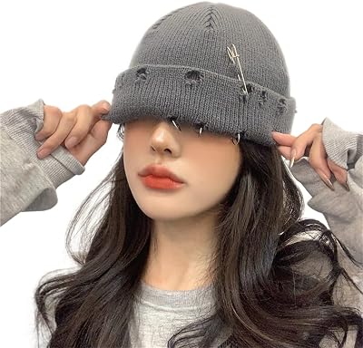 Gothic Beanie Winter Knit Hats Trendy Metal Rings Pin Hip Hop Streetwear Harajuku Y2k Skull Cap Emo Scene Grunge Accessories