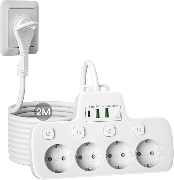 Socket Strip Flat Plug 4-Way Multiple Socket Individually Switchable Plug strip with flat plug wall mounting multiple plug with switch double plug for socket USB C 2 m cable white