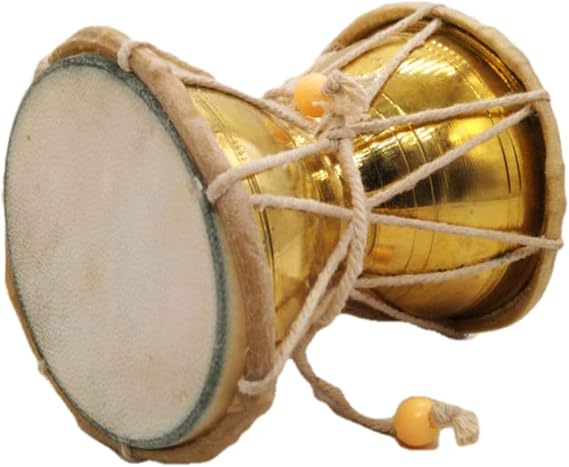 India Meets India Gold Damroo Shiva Damru - Handcrafted Musical Instrument - Premium Brass Sheet Frame - 4 Inch - Party Return Gift